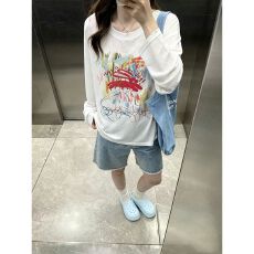 批发大码洋气印花露肩<b class='q'>罩衫</b>女早秋新款微透百搭时尚t恤 秋冬新款 港风