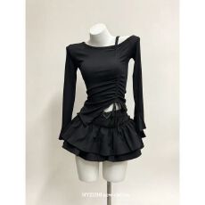 批发黑色蛋糕蓬蓬裙甜美半身裙显瘦秋<b class='q'>冬</b>防走光斜领抽绳长袖上衣套装