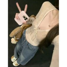 批发网纱 纯欲辣妹蝴蝶结蕾丝长袖T恤女装春秋短款<b class='q'>V领</b>上衣 初秋上新