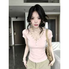 批发复古V领短袖<b class='q'>t</b><b class='q'>恤</b>女新款百搭显瘦时尚气质简约休闲<b class='q'>韩版</b>