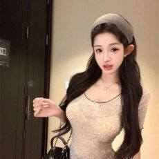 批发<b class='q'>韩国</b>雪花麻撞色薄款正肩u领短袖T恤夏季纯欲修身套头打底衫上