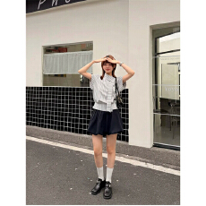 批发撞色格纹翻领不规则衬衫女<b class='q'>夏季</b>气质飘带上新款百搭时尚