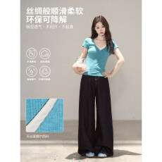 批发一颗小野莓V领短袖T恤女<b class='q'>夏季</b>新款假两件拼接设计修身显