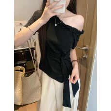 批发设计感木耳边白色斜肩绑带短袖T恤女装<b class='q'>夏季</b>修身显瘦百搭辣妹上