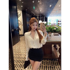 批发拼接白色<b class='q'>v领</b>长袖衬衫女气质修身收腰衬衣上衣新款百搭
