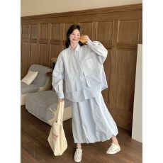批发蓝色休闲慵懒<b class='q'>风</b>工装套装裙女春季新款<b class='q'>韩</b>版衬衫半身长裙两