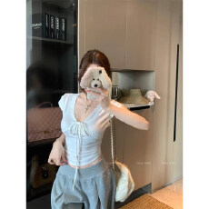 批发蝴蝶结<b class='q'>V领</b>短袖T恤衫女春季新款修身显瘦纯欲风短款百搭