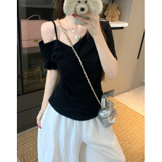 批发酷纯欲风斜领露肩吊带上衣女<b class='q'>夏季</b>港式小众别致短袖T恤