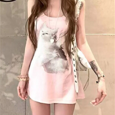 批发U领大领口绑带两穿吊带连衣裙女<b class='q'>夏季</b>猫咪印花背心外穿短裙子上