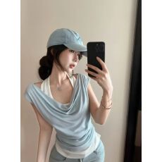 批发假两件荡领短袖t恤女<b class='q'>夏季</b>纯欲甜辣妹一字肩挂脖露肩上衣独特绝
