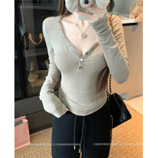 批发秋冬新款纯欲辣妹修身长袖T恤女设计感<b class='q'>V领</b>收腰上衣百搭