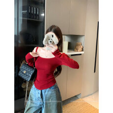 露肩衫女冬季修身收腰毛衣纯欲风内搭打底长袖上衣新款