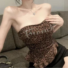 复古性感辣妹风豹纹抹胸烫钻不规则小心机修身露锁骨显瘦背心上