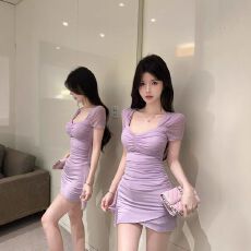 法式设计感性感低胸连衣裙女装夏季方领网短款流苏包臀打底短裙