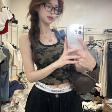 批发满天星已出货罗纹美式辣妹短款迷彩吊带背心女新款百搭
