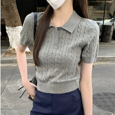 夏新款韩版纽扣polo领学院减龄麻花短百搭时尚显瘦