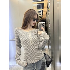 撞色打底条纹纽扣半开T恤新款秋季设计修身显瘦早秋长袖