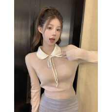 小香风娃娃领衫女秋冬纯欲法式泡泡袖上衣打底衫内搭甜美毛衣