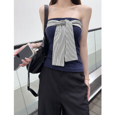 批发条纹拼接绑带抹胸背心女修身撞色上衣辣新款<b class='q'>百搭</b>时尚显瘦