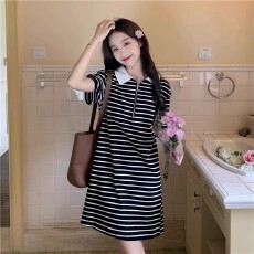 批发法式polo领<b class='q'>条纹</b>连衣<b class='q'>裙</b>女夏季小众设计感a字新款百搭