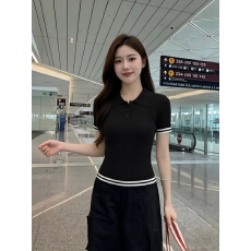 批发高端欧货黑色POLO领短袖t恤女夏季收腰显瘦<b class='q'>条纹</b>小衫