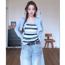 批发春季两件套新款韩系氛围感套装女洋气<b class='q'>条纹</b>吊带时尚长袖