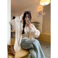 温柔风杏色开衫毛衣外套女春季新款宽松慵懒休闲外穿长袖上衣
