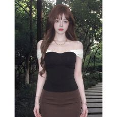 批发网拼接抹胸吊带背心女夏一字肩辣妹黑色短款上新款<b class='q'>百搭</b>