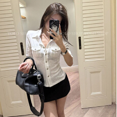 批发纯欲polo领弹力短袖工装衬衫女<b class='q'>夏</b>季新款上衣百搭时尚