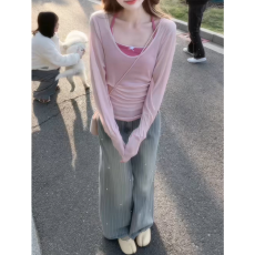 批发粉色t恤女<b class='q'>夏</b>吊带罩新款百搭时尚显瘦气质简约休闲韩版
