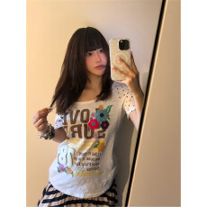 批发白色波点花朵插肩T恤女<b class='q'>夏</b>斜领短袖百搭新款时尚显瘦气质