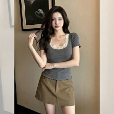 批发<b class='q'>夏</b>季穿搭新款女装衣服灰色拼接u领短袖T恤百搭时尚显瘦