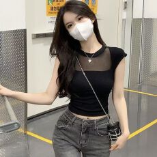 批发辣妹性感黑色网拼接正肩短袖T恤<b class='q'>夏</b>季修身紧身短款显瘦纯欲上衣