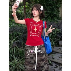 批发月牙绣工艺美式红色创意<b class='q'>印花</b>短袖t恤女新款百搭时尚显瘦