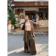 慵懒风开衫女白色性感背心春季高腰阔腿长裤子三件新款
