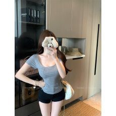批发纯欲风简约性感气质U领短袖T恤女装<b class='q'>夏</b>季收腰修身显瘦百搭上
