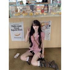 批发辣妹风复古格子短袖衬衫<b class='q'>女</b>装夏季新款小众时尚百搭上衣