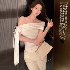 批发纯欲白色系带短袖T恤女<b class='q'>夏</b>季新款辣妹修身显瘦露肩百搭