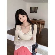批发假两件波点<b class='q'>印花</b>挂脖长袖T恤女春季修身打底衫甜辣妹内搭短款上