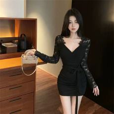 批发黑色气质V领长袖内搭<b class='q'>连衣裙</b>女装春季辣妹修身显瘦包臀短裙子