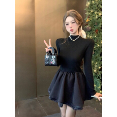 批发黑色半高领长袖<b class='q'>连衣裙</b>女装秋冬新款气质修身显瘦A字短裙