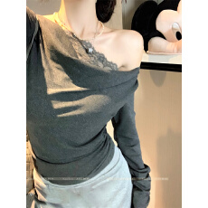 灰色拼接斜肩T恤女秋冬甜辣妹露新款百搭时尚显瘦气质