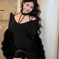 美式辣妹挂脖镂空长袖连体衣女秋季新款性感修身显瘦连体包臀短