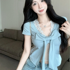 批发<b class='q'>夏季</b>修身纯欲辣妹网蝴蝶结设计感短款短袖t恤新款百搭