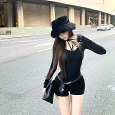 批发美式辣妹黑色长袖<b class='q'>连体</b>裤女秋季设计感连衣裤紧身高腰裤子休闲短