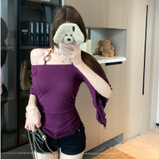 批发紫色一字肩挂脖上衣女<b class='q'>夏季</b>甜美纯欲风不规则显瘦百搭短袖t恤i