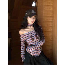批发酷辣妹风一字肩条纹撞色<b class='q'>印花</b>T恤女秋季新款设计感百搭