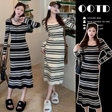批发条纹针织宽松连衣裙休闲中长款气质女<b class='q'>夏</b>法式女装恤t方领短袖裙子