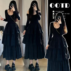 批发黑色露背打底连衣裙女2025春<b class='q'>夏</b>季新款芭蕾风长裙气质高级感蛋糕裙