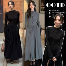 批发半高领长袖连衣裙女打底长裙2025新款秋季赫本风裙子秋冬内搭